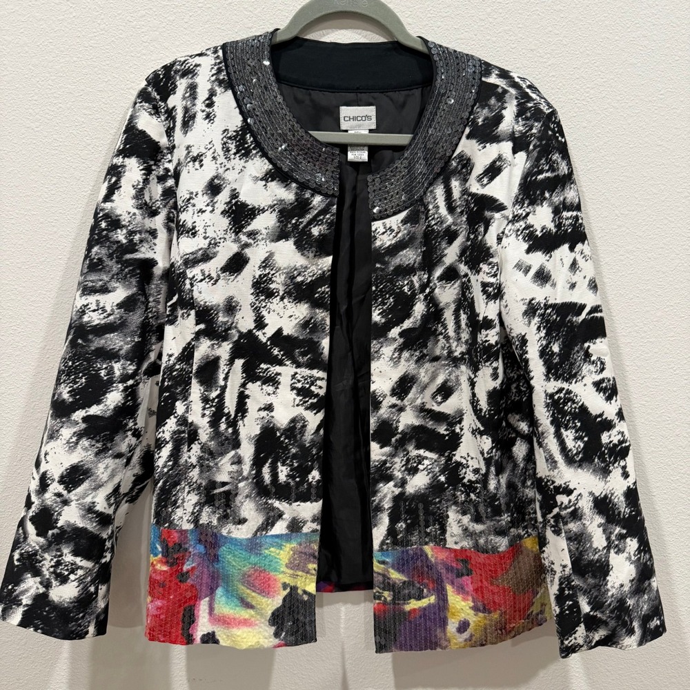 Chicos Black White Abstract Sequin Trim Open Front Jacket Multi Color Hem Size 2